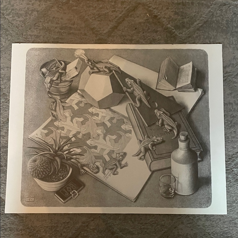 Monochrome Art Print with Geometric Design by MC Escher. 1943 Lithograph Print!
